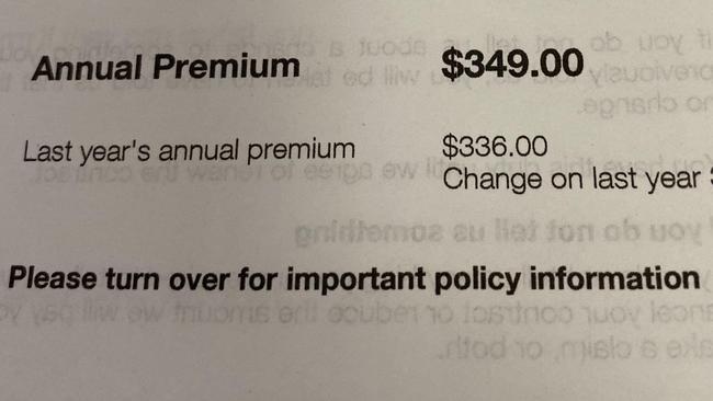 A landlord insurance bill showing this year's premium cost and last year's premium cost. Source: Supplied.