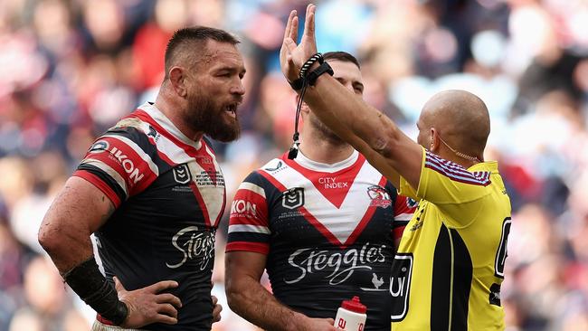 SYDNEY, AUSTRALIA - JULY 07: Jared Waerea-Hargreaves of the Roosters is sent to the sin bin and placed on report during the round 18 NRL match between Sydney Roosters and St George Illawarra Dragons at Allianz Stadium, on July 07, 2024, in Sydney, Australia. (Photo by Cameron Spencer/Getty Images)