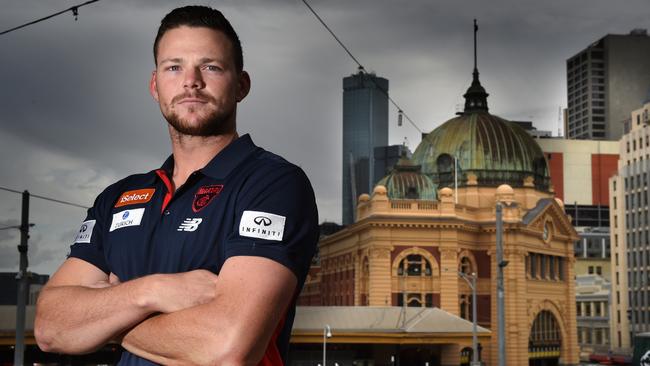 Former Suns co-captain Steven May in his first Melbourne Football Club appearance. Picture: Tony Gough