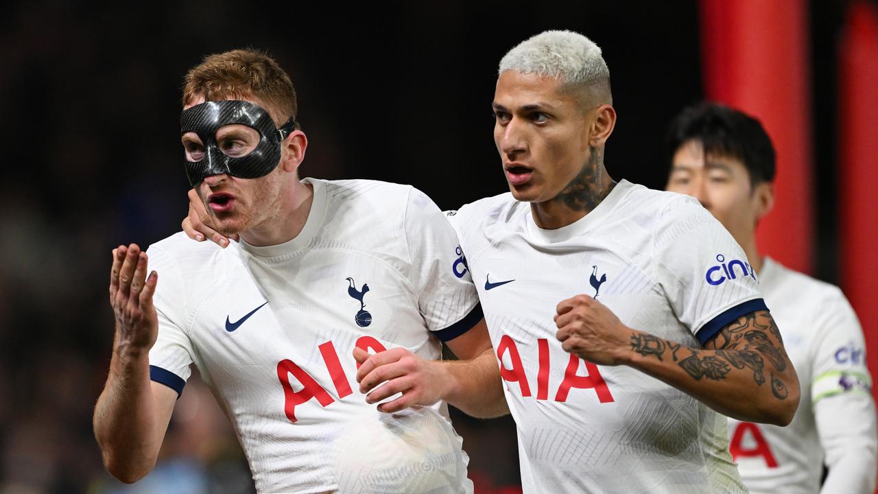 Dejan Kulusevski and Richarlison celebrate a goal in Tottenham’s win over Nottingham Forest. (Photo by Shaun Botterill/Getty Images)