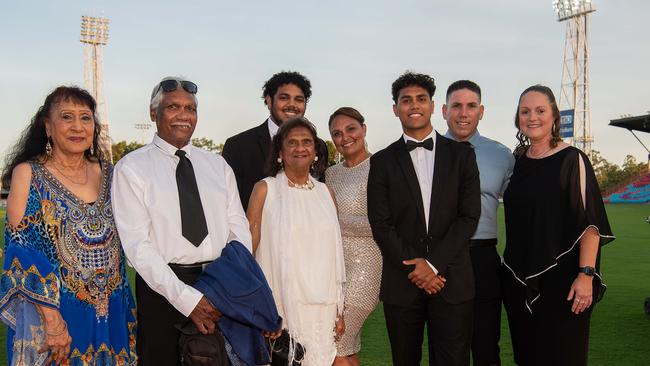 Lorraine Adams, Ronal Barney Quall Inducted, Nathan Grant, Evelyn Wills, Lindy Quall, Xavier Grant, Jay Collinson and Michelle Collinson at the 2023 AFLNT Hall of Fame. Picture: Pema Tamang Pakhrin