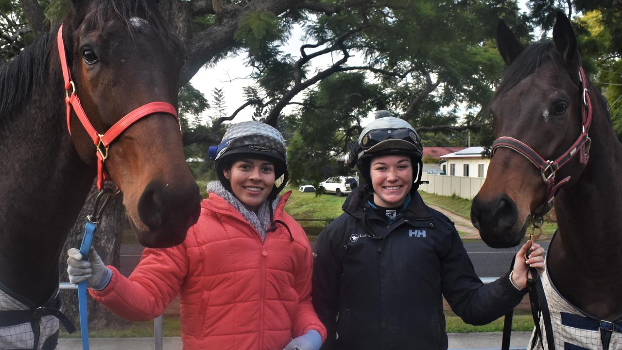Trackwork rider Tayla Poy and jockey Leah Kilner with Volfoni and Swanton who will both race for the Greg Kilner stable at Ramornie Day.