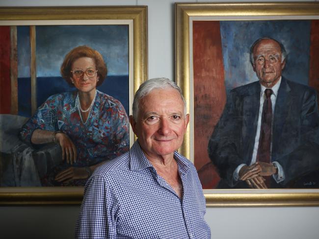 30/1/25: Former NSW Liberal Premier Nick Greiner in his Sydney office in front of portraits of his parents. He became a flagship donor to Community Refugee Sponsorship Australia after researching his own family history and his mother's internment in a German working camp during the Holocaust. Australia's first ever state premier born overseas, Mr Greiner has become a vocal advocate for supporting those who have newly settled in Australia. John Feder/The Australian.