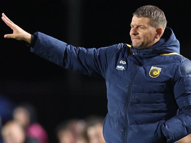 GOSFORD, AUSTRALIA - MAY 01:  Mariners coach Mark Jackson gestures during the A-League Men round 25 match between Central Coast Mariners and Adelaide United at Industree Group Stadium, on May 01, 2024, in Gosford, Australia. (Photo by Scott Gardiner/Getty Images) (Photo by Scott Gardiner/Getty Images)