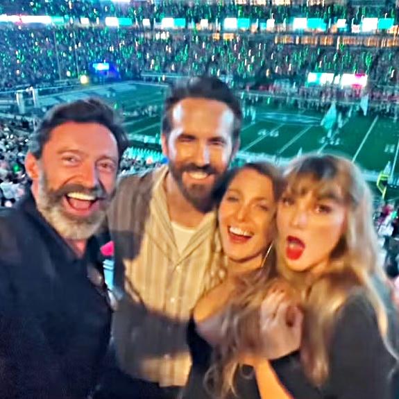 Hugh Jackman, Ryan Reynolds, Blake Lively and Taylor Swift watch the Kansas City Chiefs take on the New York Jets at MetLife Stadium in New Jersey. Picture: Instagram