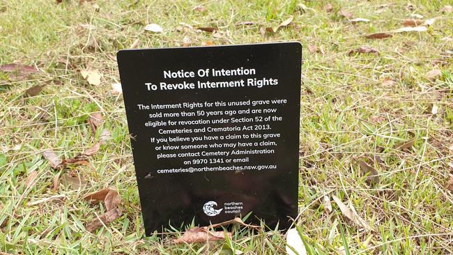 A  notice placed on a grave site at Mona Vale Cemetery indicating that Northern Beaches Council is revoking the owner's interment rights.  Picture: Facebook