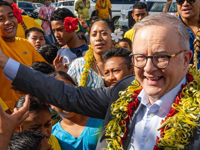 Prime Minster Anthony Albanese  receives a warm welcome in Satapuala Village, Samoa. The Prime  Minister is in Samoa CHOGM summit. The village “adopted” Australia for the CHOGM summit with each Samoan village representing a different Commonwealth nation during the event. Picture: PMO