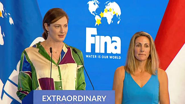 Cate Campbell speaks at the FINA Extraordinary General Congress in Budapest. Picture: FINA / YouTube