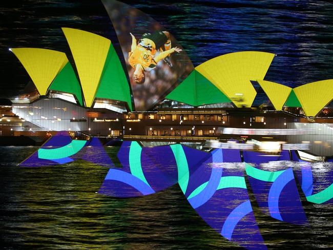 The Sydney Opera House lit up – with an image of a flying Sam Kerr – in support of Australia’s World Cup bid. Picture: Getty Images