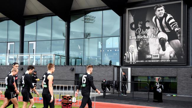 Collingwood Football Club displays a tribute to Lou Richards today. Picture: Nicole Garmston