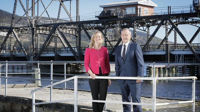 Federal Labor leader Bill Shorten and Tasmanian Labor leader Rebecca White at the Bridgewater Bridge for the funding announcement. Picture: MATHEW FARRELL