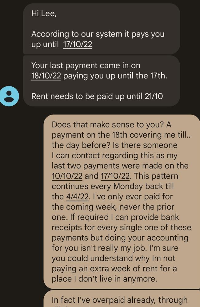 Texts between the former tenant and property manager. Picture: Reddit / u/lee543