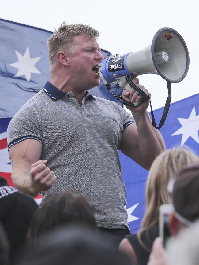 United Patriots Front leader Blair Cottrell speaks at the rally. Picture: Wayne Taylor