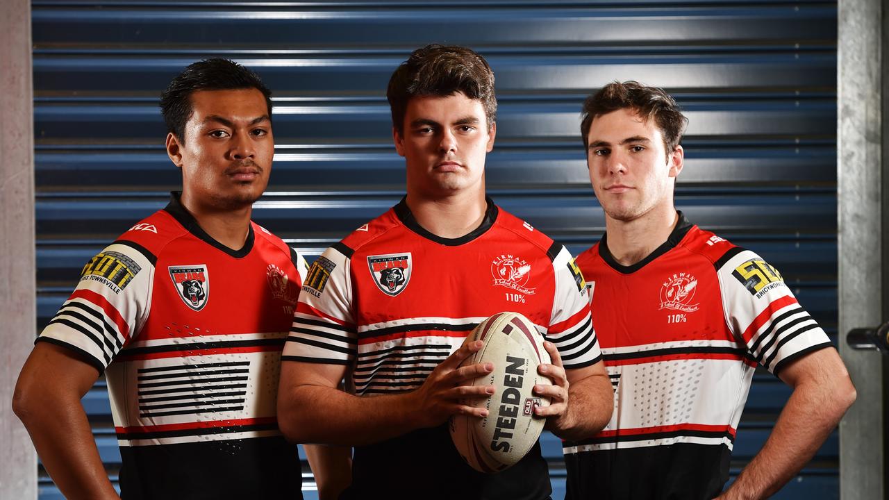 Kirwan State High School rugby league players Jeremiah Nanai, 16, Daniel Buckland, 18 and Adrian Trevilyan are ready to take on Rockhampton Grammar School. Picture: Zak Simmonds