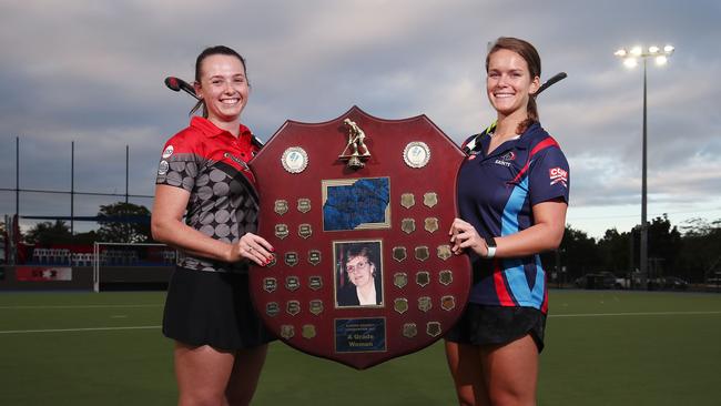 Caitlyn Whipp and Kayla Devlin will compete for the Eileen Connolly premiership shield when Souths and Saints battle against each other in the Cairns Hockey Association A Grade Women's grand final match. PICTURE: BRENDAN RADKE