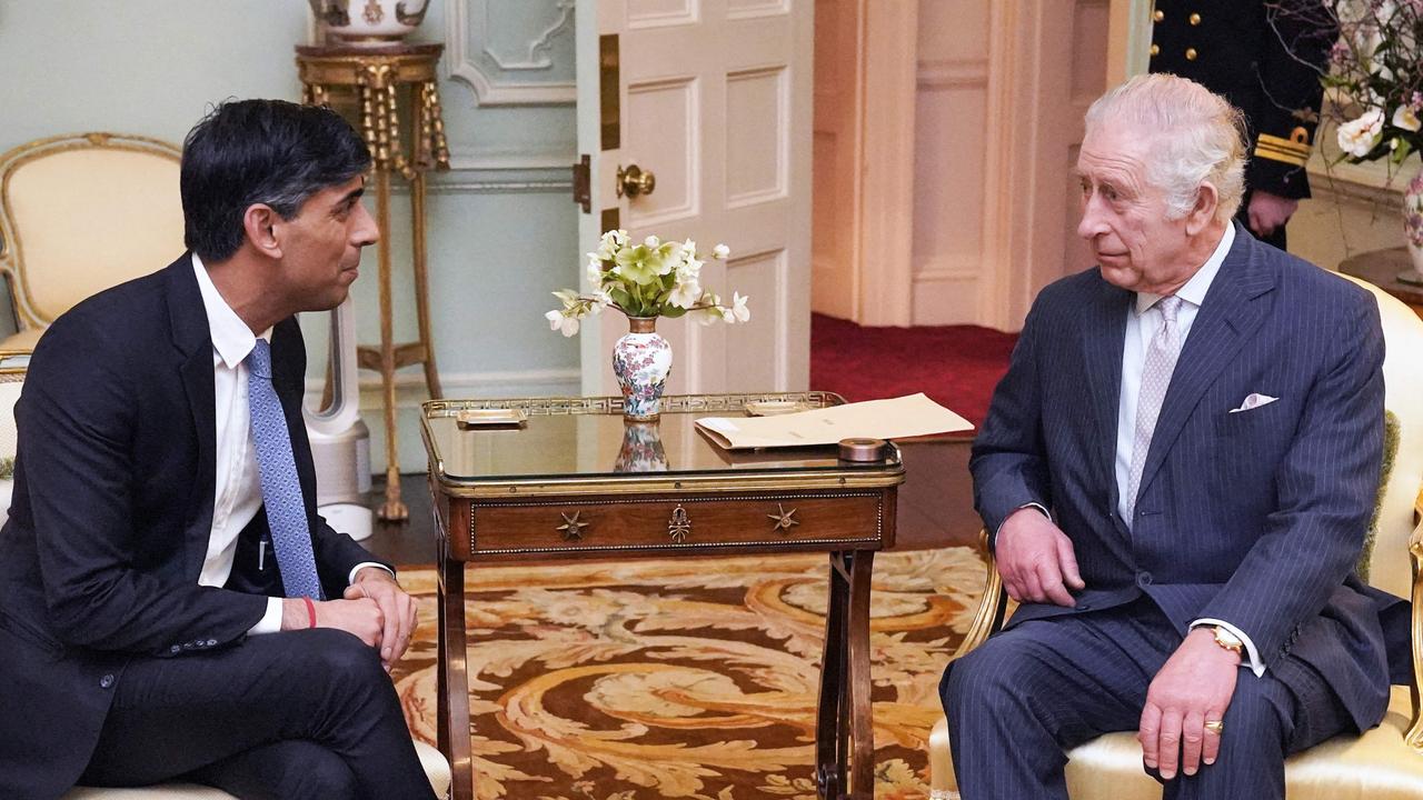 King Charles pictured with former PM Rishi Sunak in February for their first in-person audience since the King's diagnosis with cancer. Picture: Jonathan Brady/Pool/AFP