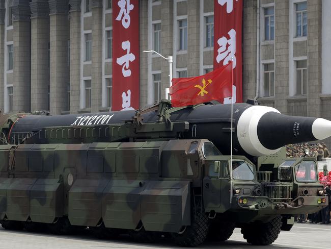 A missile that analysts believe could be the North Korean Hwasong-12 is paraded across Kim Il Sung Square in Pyongyang in April. Picture: Wong Maye-E/AP