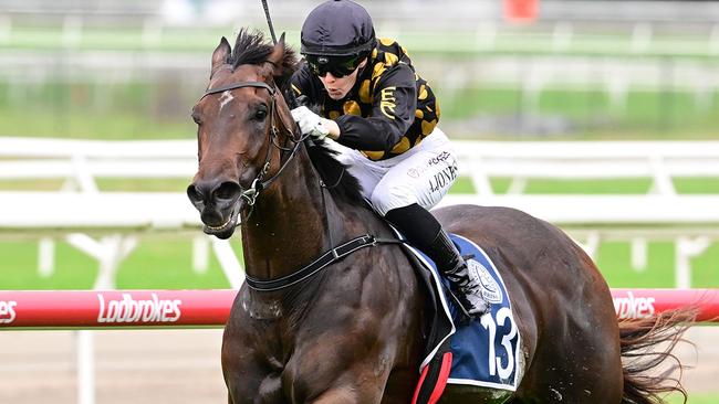 Zarastro leads all the way to win the Listed Recognition Stakes for jockey Angela Jones. Picture: Grant Peters - Trackside Photography