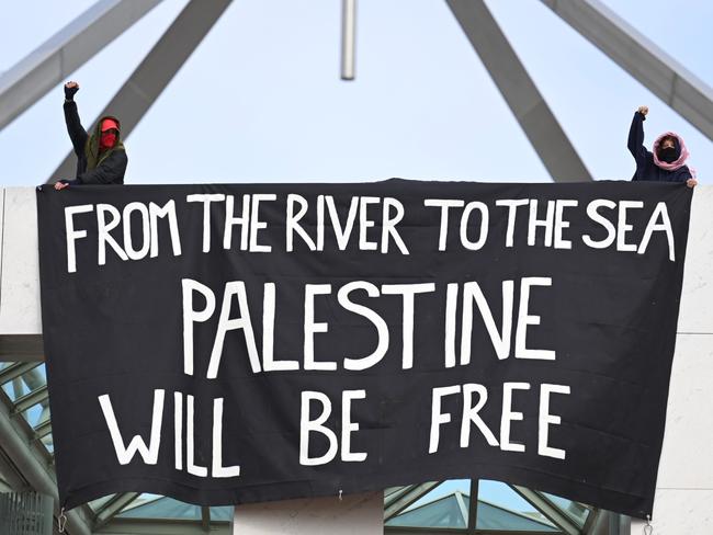 Pro-Palestine protesters gained access to the roof of Parliament House in July. Picture: NewsWire/Martin Ollman