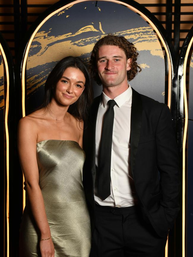 Rheydyn Jaffer and Sam Berry on the red carpet at the Adelaide Crows Club Championship at the Adelaide Convention Centre in 2022. Picture: Naomi Jellicoe