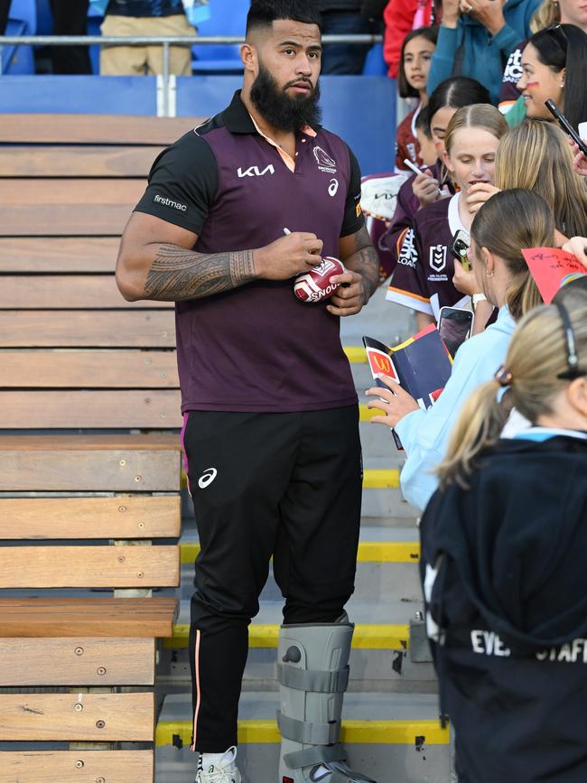 Payne Haas left Cbus Super Stadium in a moon boot. Picture: Matt Roberts/Getty Images