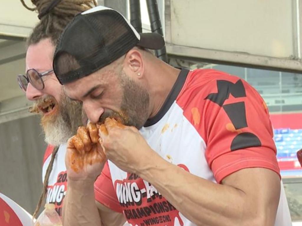 Australian James Webb competing in the Wing It On! US Chicken Wing Eating Championship at Highmark Stadium in New York State on September 4, 2023. He won by eating 276 wings in 12 minutes.