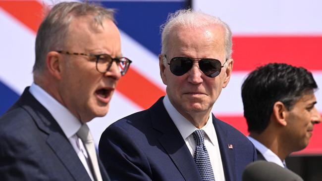 Prime Minister Anthony Albanese with former US president Joe Biden and former British prime minister Rishi Sunak during the AUKUS summit in March, 2023, at Naval Base Point Loma in San Diego, California. Picture: Jim Watson/AFP