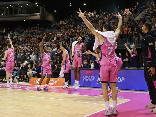 The Breakers bench celebrate another successful three-pointer. Picture: Peter Meecham/Getty Images