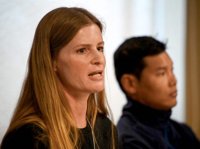 Pepper at a press conferenced with her guide, Nepalese mountaineer Ming Temba Sherpa, in Kathmandu. Picture: AFP