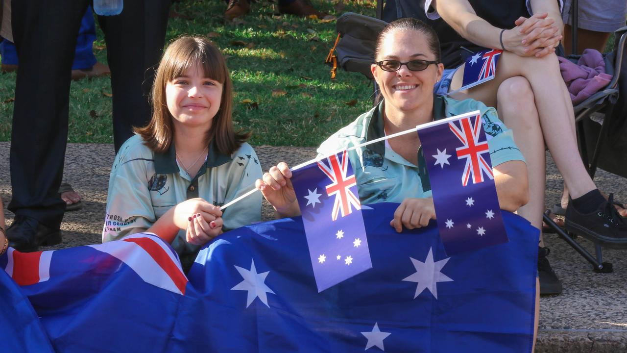 Stacey King (R) and daughter Sway Graham at the march on Darwin's Knuckey St commemorating ANZAC Day 2021. Picture Glenn Campbell