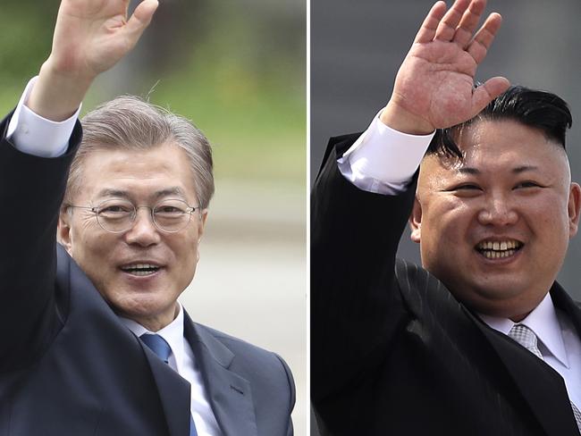 South Korea's new President Moon Jae-in (left) and North Korean dictator Kim Jong-un (right). Picture: AP Photo/Lee Jin-man, Wong Maye-E, Files