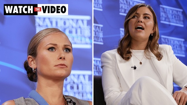 Grace Tame and Brittany Higgins at National Press Club