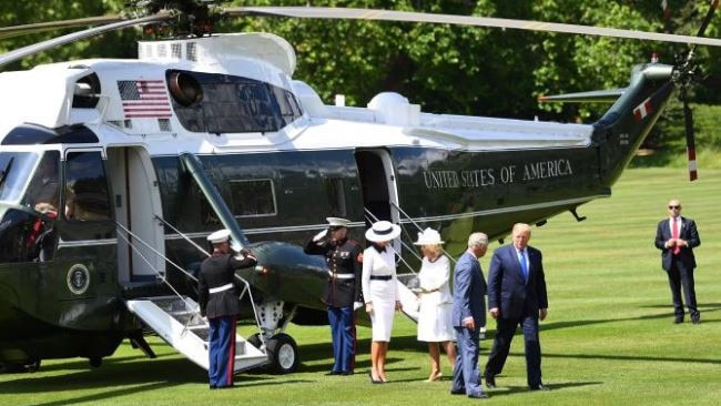 Prince Charles and Camilla greet Donald and Melania Trump as they disembark from their helicopter in the grounds of Buckingham Palace. Picture: Getty Images.