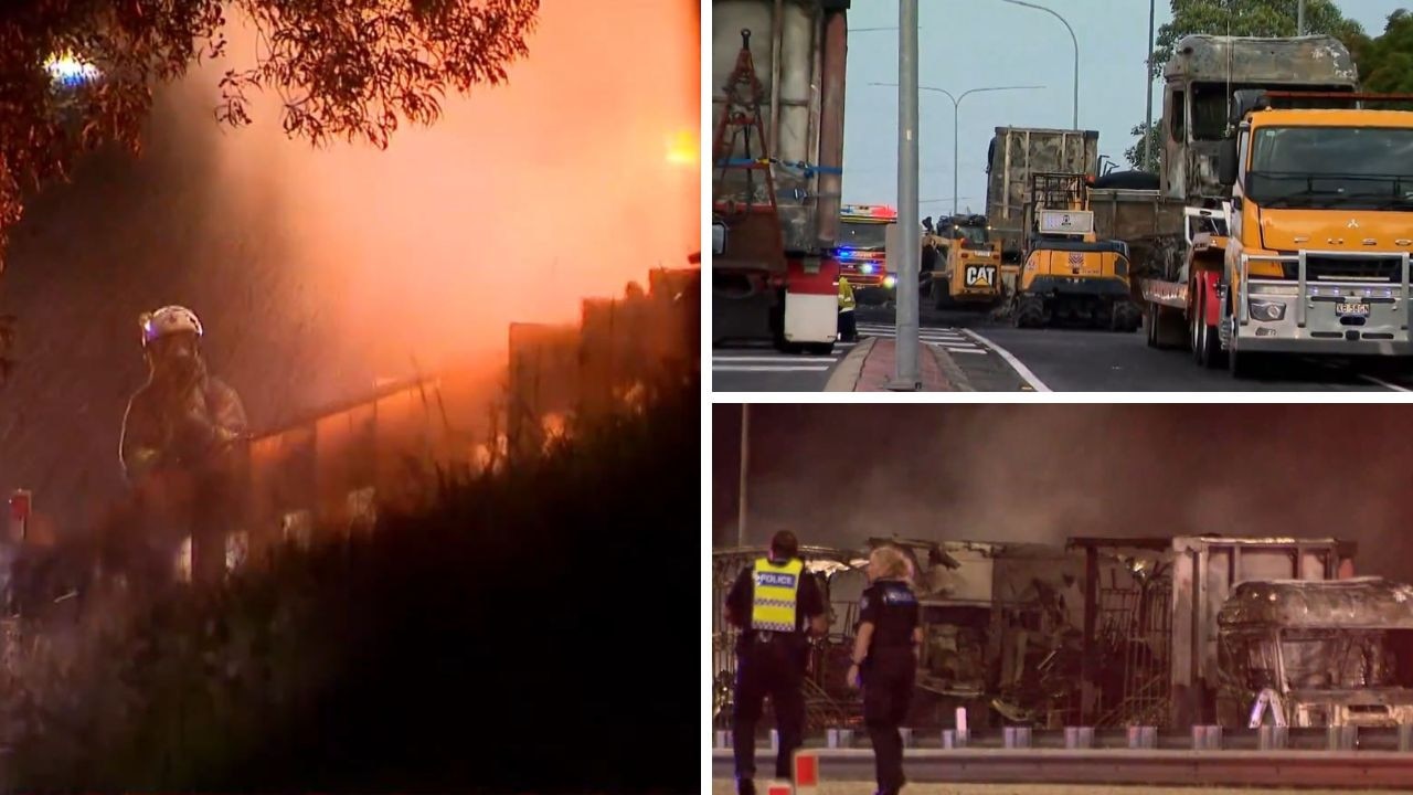 Mwy lanes still closed: Two on run after stolen car causes fiery crash