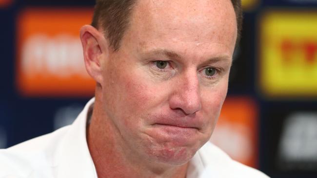 BRISBANE, AUSTRALIA - JUNE 07: : Justin Holbrook, coach of the Titans speaks to media after the round four NRL match between the Gold Coast Titans and the Wests Tigers at Suncorp Stadium on June 07, 2020 in Brisbane, Australia. (Photo by Chris Hyde/Getty Images)