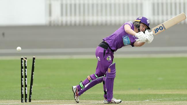 Nicola Carey of the Hurricanes is bowled out by Darcie Brown of the Strikers during the Women's Big Bash League match at Hurstville Oval in Sydney. Picture: Mark Metcalfe/Getty Images