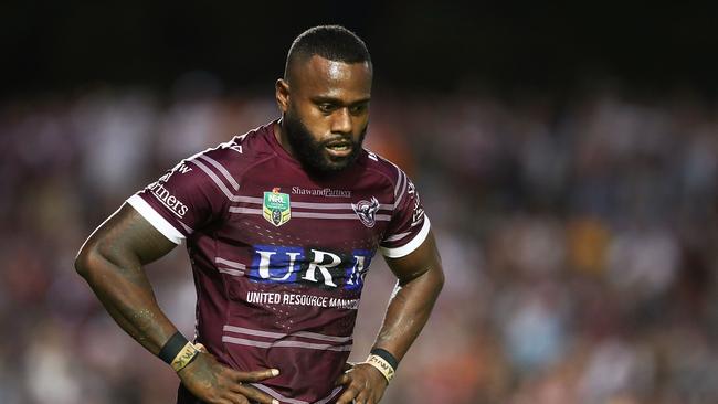 SYDNEY, AUSTRALIA - APRIL 15: Akuila Uate of the Sea Eagles looks on during the round six NRL match between the Manly Sea Eagles and the Wests Tigers at Lottoland on April 15, 2018 in Sydney, Australia.  (Photo by Brendon Thorne/Getty Images)