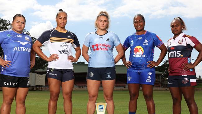 (L-R) Hera-Barb Malcolm Heke of the Western Force, Siokapesi Palu of the ACT Brumbies, Piper Duck of the NSW Waratahs, Bitila Tawake of the Fijian Drua and Ivania Wong of the Queensland Reds pose during the 2025 Super Rugby Women's Season Launch. Picture: Matt King/Getty Images