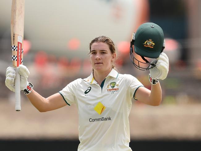 PERTH, AUSTRALIA - FEBRUARY 16: Annabel Sutherland of Australia celebrates her century during day two of the Women's Test match between Australia and South Africa at the WACA on February 16, 2024 in Perth, Australia. (Photo by Paul Kane/Getty Images)