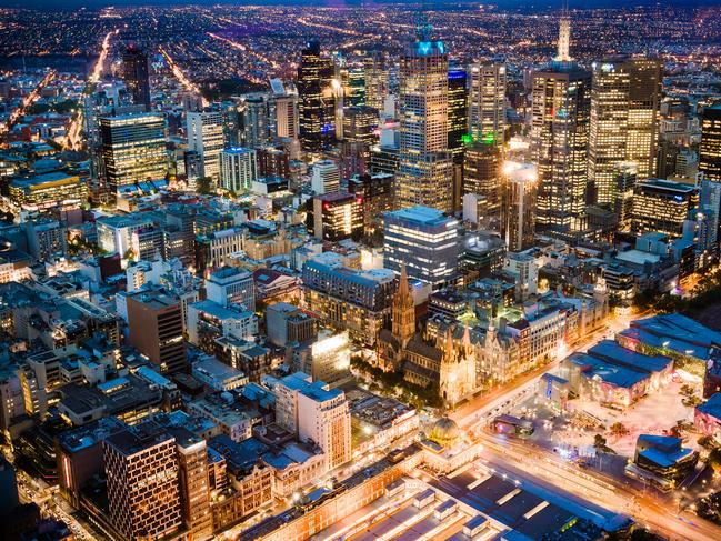 Aerial of Melbourne, Australia skyline and CBD at night