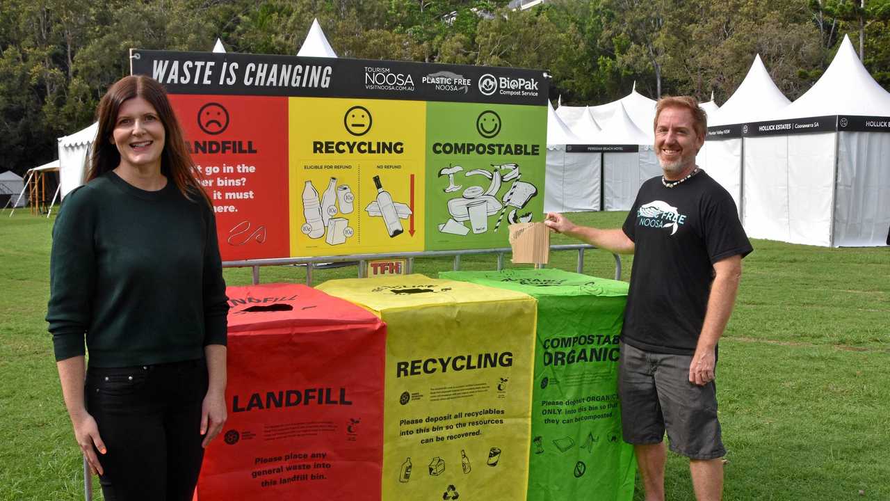 ZERO WASTE: Noosa Food and Wine Festival director Sheridah Puttick and Plastic Free Noosa's Chad Buxton are encouraging a sustainable event this year. Picture: Caitlin Zerafa