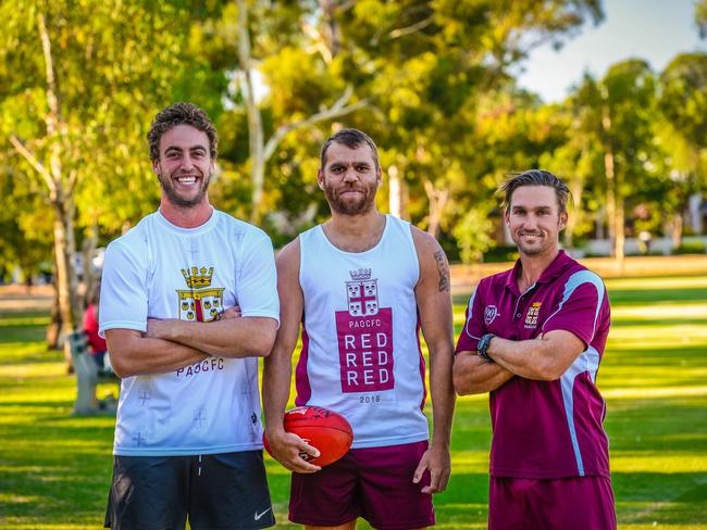 Former Port Adelaide Power utility has signed with Prince Alfred Old Collegians for this year's Adelaide Footy League div one season. Nathan Krakouer (Centre) retired from the AFL at the end of last year, but it was unlikely that Port would've given him a new contract due to his age, injuries etc. With caps. (L) Tom Brinsley and coach Brett Backwell (R).Thursday March 15th, 2018. (AAP Image/Roy Vandervegt)