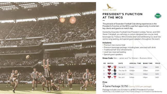 Essendon promoting the President's Function to its supporters. Image: essendoncorporatehospitality.com.au