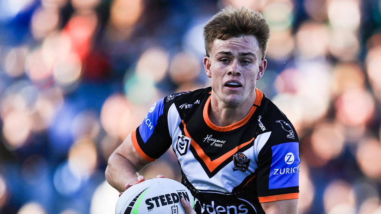 Lachlan Galvin’s future remains one of the biggest talking points in the game, but the young playmaker insists he’ll be at the Wests Tigers next year. Picture: Mark Evans/Getty Images