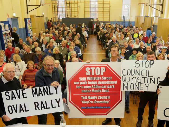 Residents held rallies to discuss concerns about the Manly Oval carpark plan. Picture: Adam Ward.