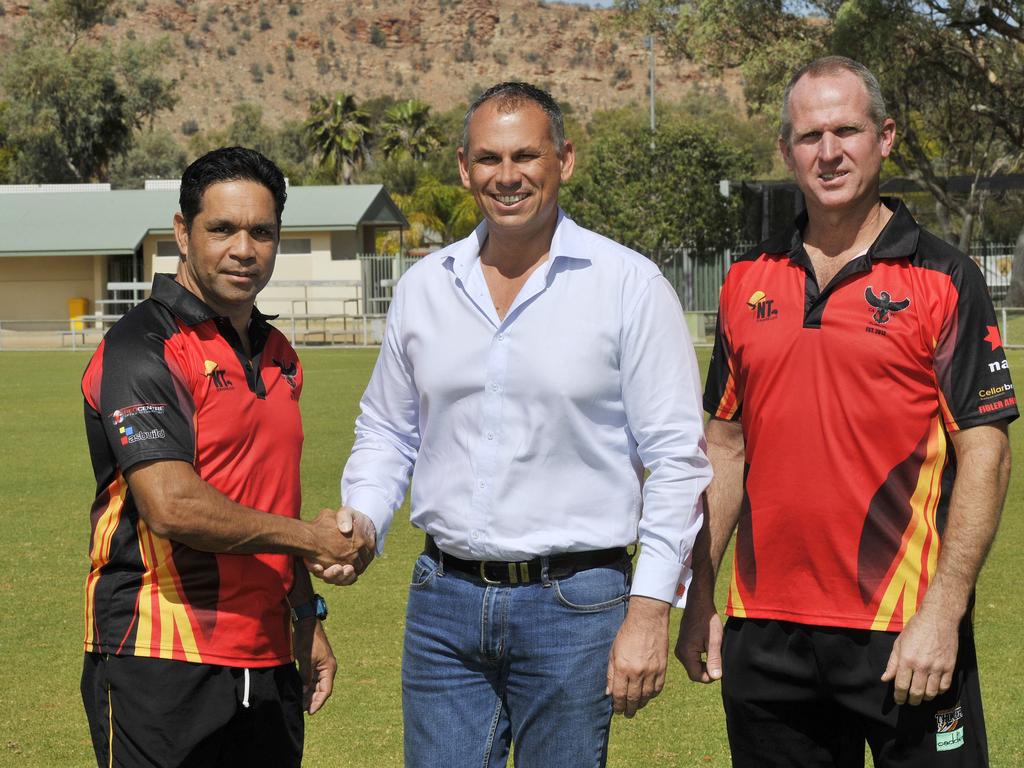 McAdam with former Chief Minister Adam Giles and Clarke at Treager Park where the local council has banned football from being played. Picture: Rex Nicholson.