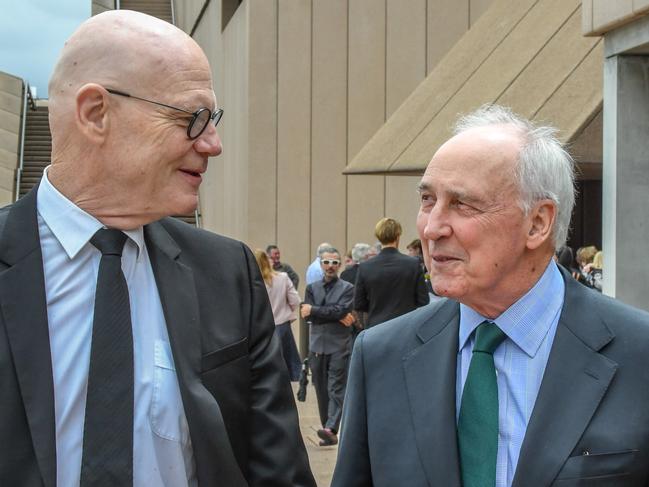 Former advisor Don Russell and former prime minister Paul Keating arrive to the State Memorial service for Clean Up Australia founder Ian Kiernan at the Sydney Opera House in Sydney, Friday, November 16, 2018. (AAP Image/Peter Rae) NO ARCHIVING