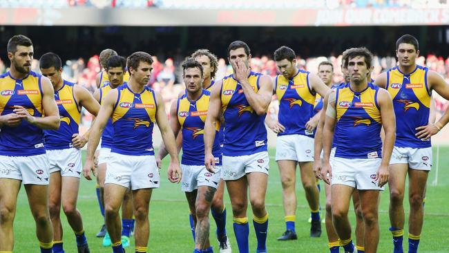 West Coast Eagles after the loss to Essendon. Photo: Michael Dodge/Getty Images