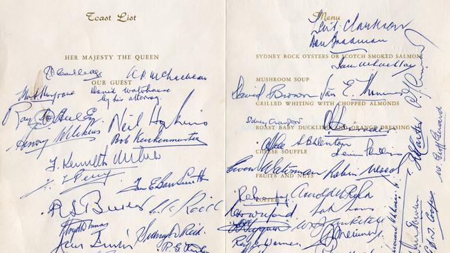 The menu signed by Donald Bradman and others, as they presented Sir Thomas Playford with a commissioned Hans Heysen painting of Wonoka Creek. Picture: Supplied