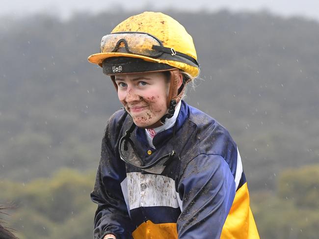 Saffie Osborne returns to the mounting yard on Cosmic Vega (IRE) after winning the bet365 Kilmore Cup at Kilmore Racecourse on November 24, 2024 in Kilmore, Australia. (Brett Holburt/Racing Photos)